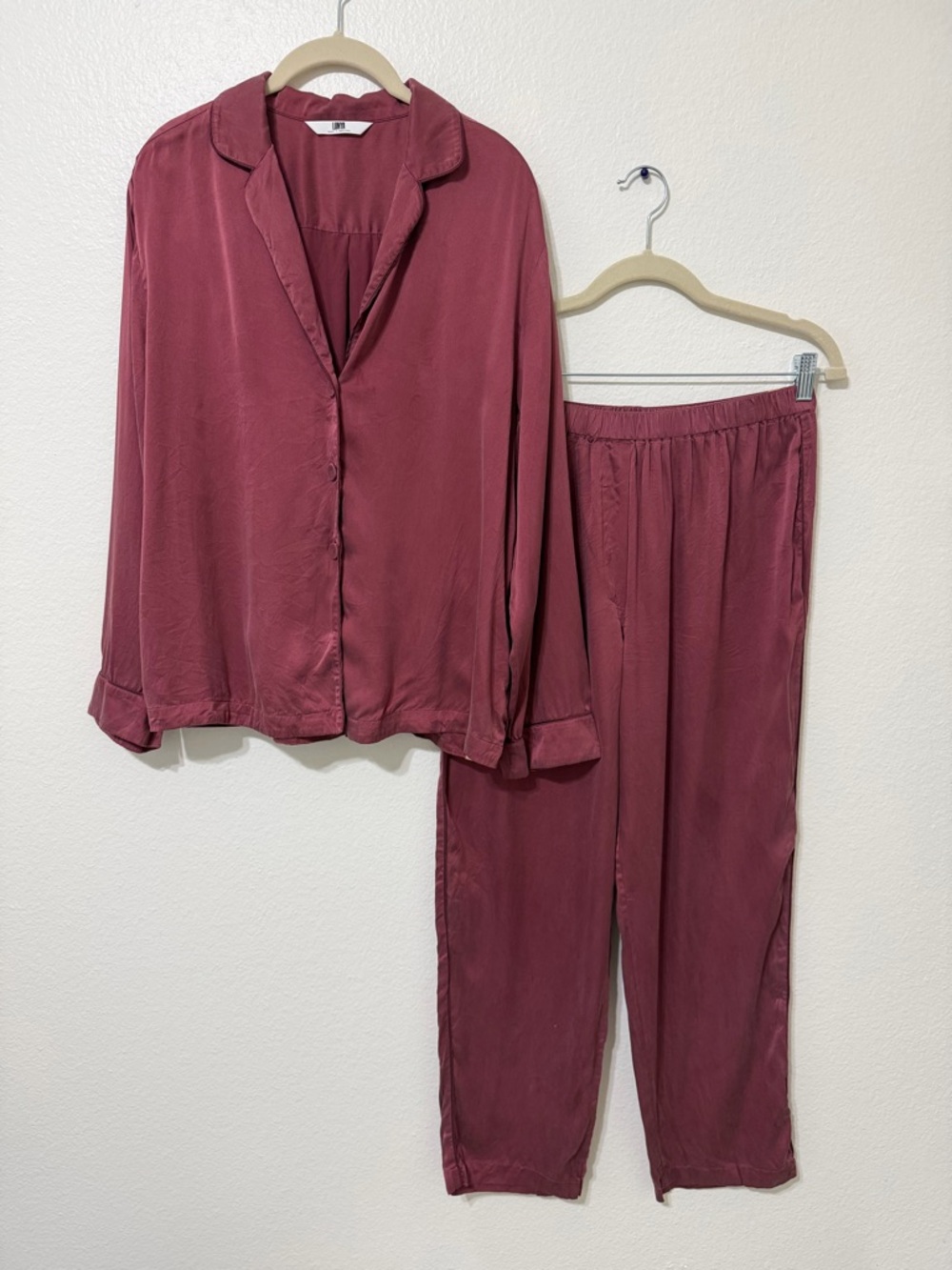 Lunya Washable Silk Pajama Set Women’s Medium Burgundy Pants Long Sleeve